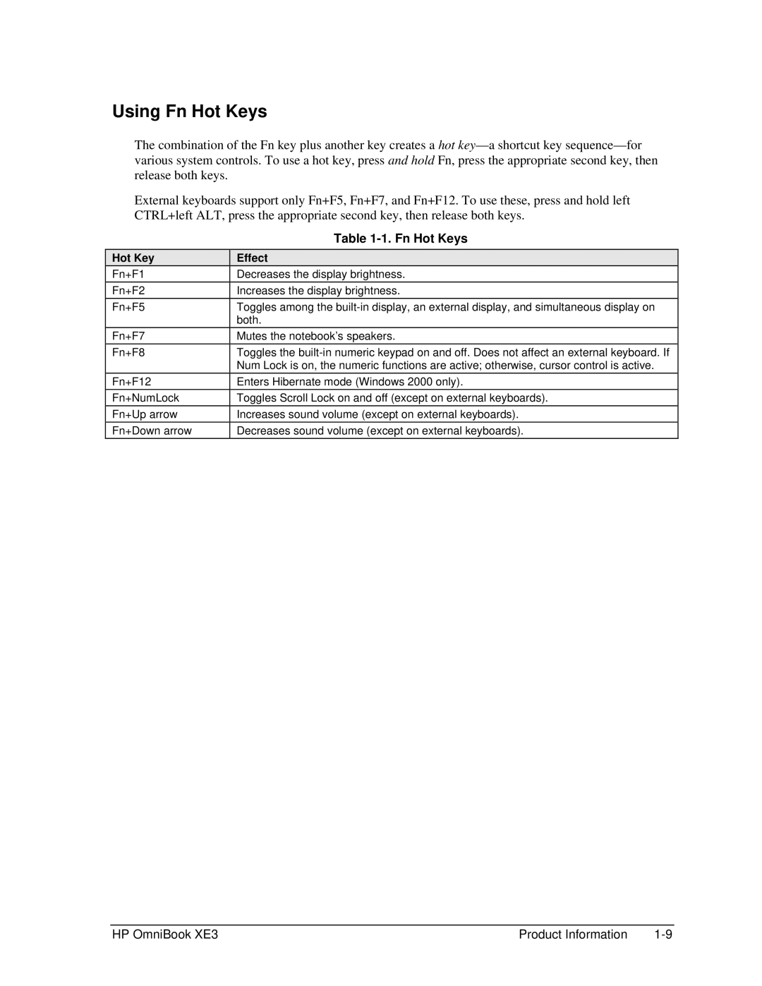 HP BOOK XE3 manual Using Fn Hot Keys, Effect 