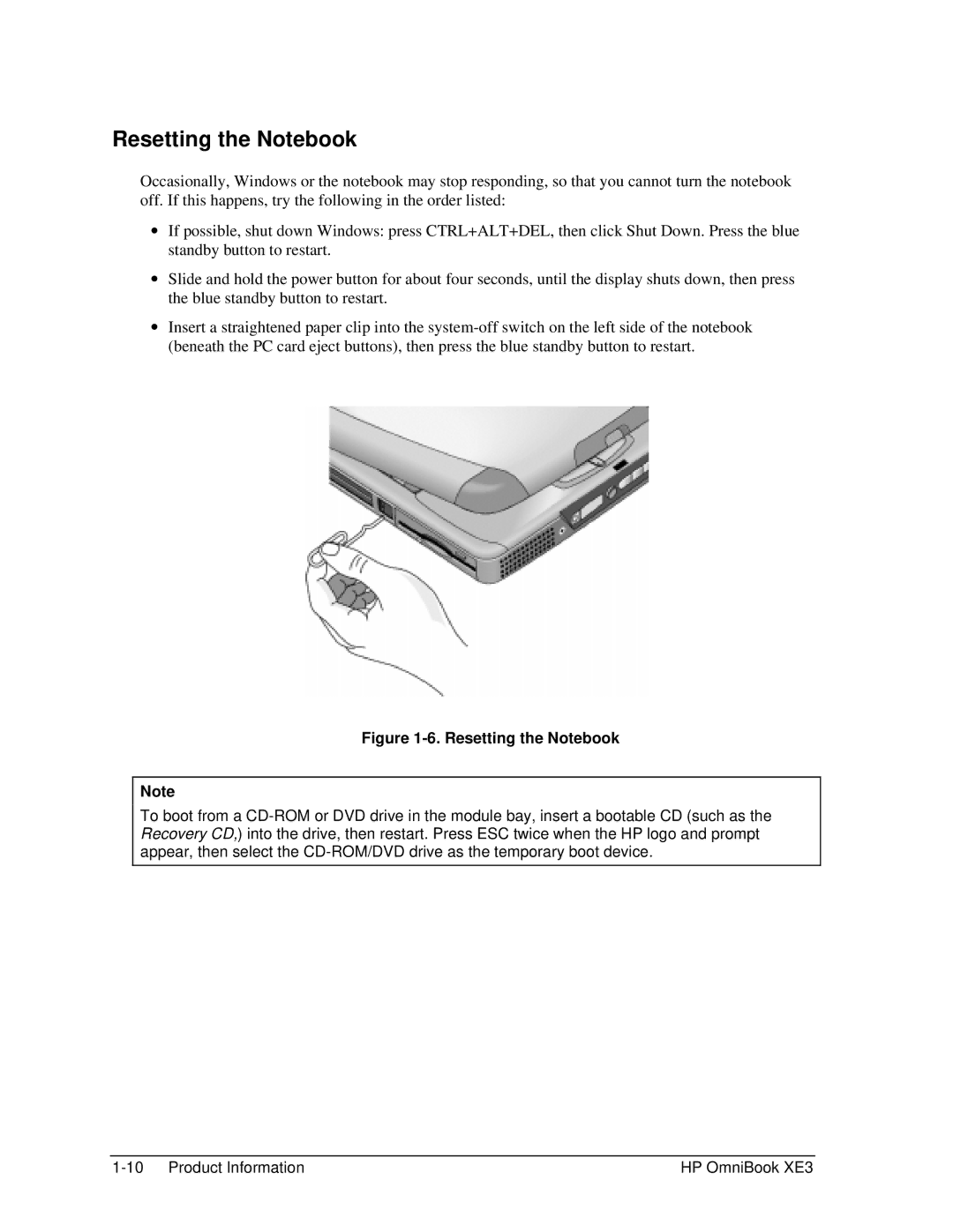HP BOOK XE3 manual Resetting the Notebook 