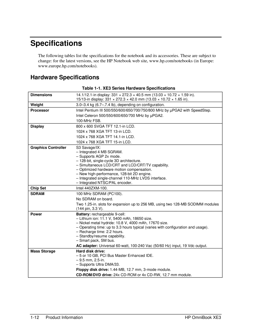 HP BOOK XE3 manual XE3 Series Hardware Specifications, Power Mass Storage, Hard disk drive 