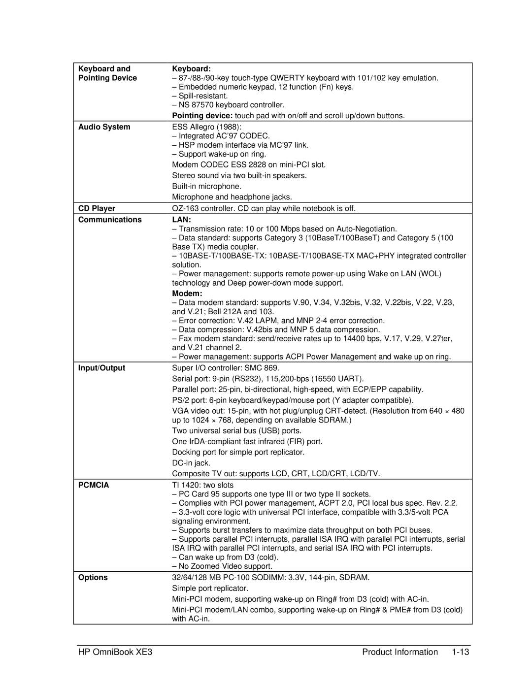 HP BOOK XE3 manual Options Keyboard, Modem 