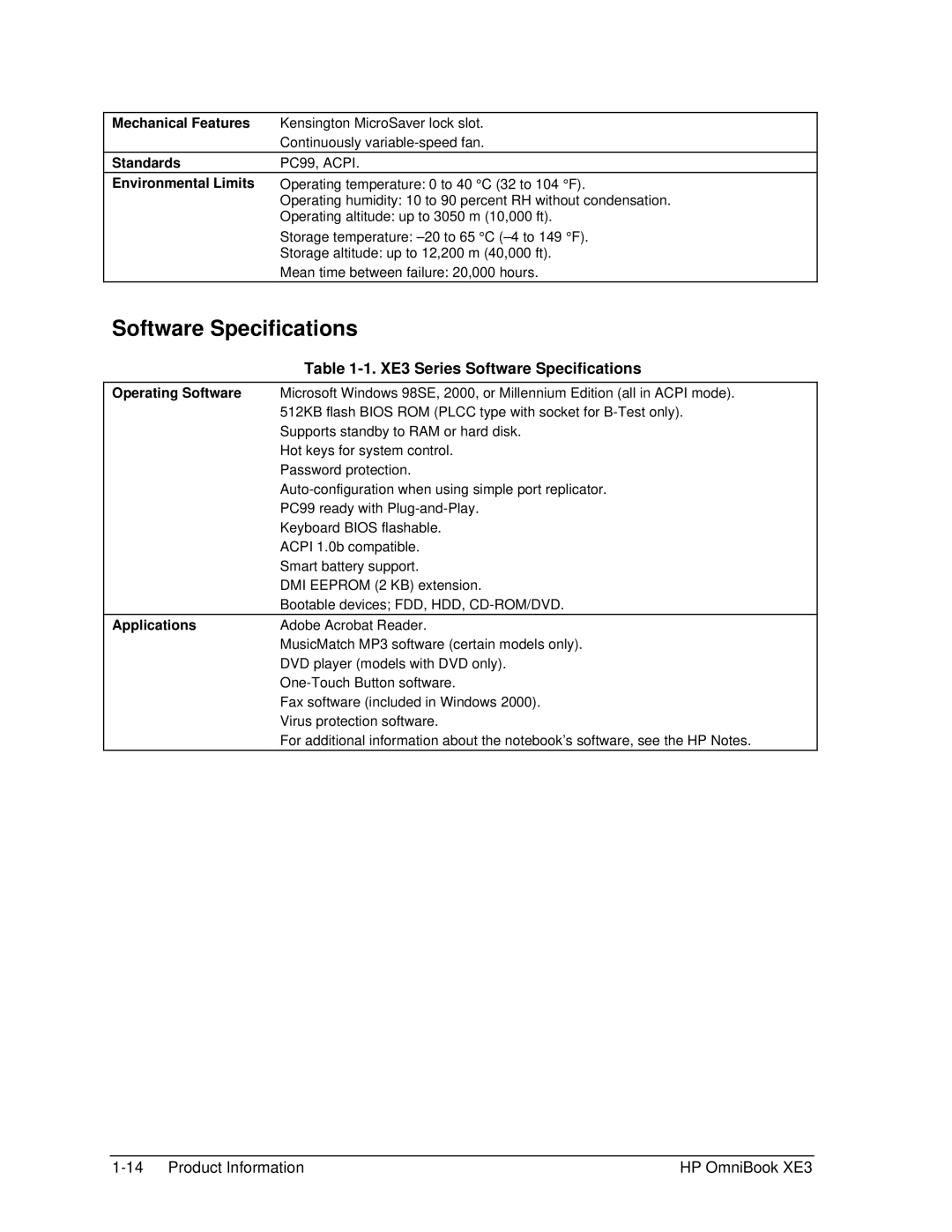 HP BOOK XE3 manual XE3 Series Software Specifications, Mechanical Features Standards Environmental Limits 