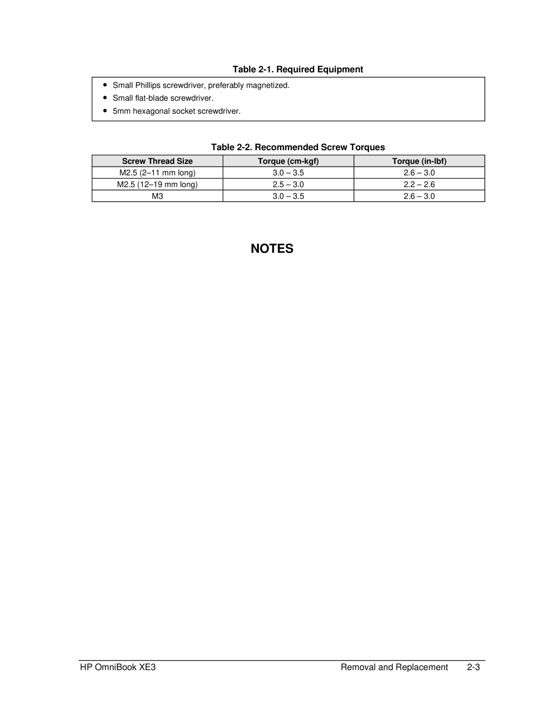 HP BOOK XE3 manual Required Equipment, Recommended Screw Torques, Screw Thread Size, Torque cm-kgf Torque in-lbf 