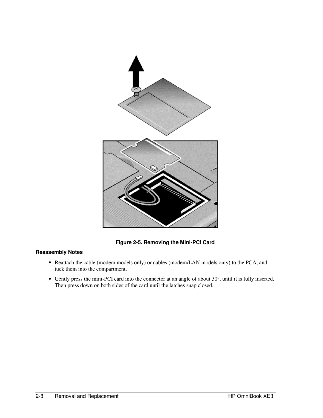 HP BOOK XE3 manual Removing the Mini-PCI Card Reassembly Notes 