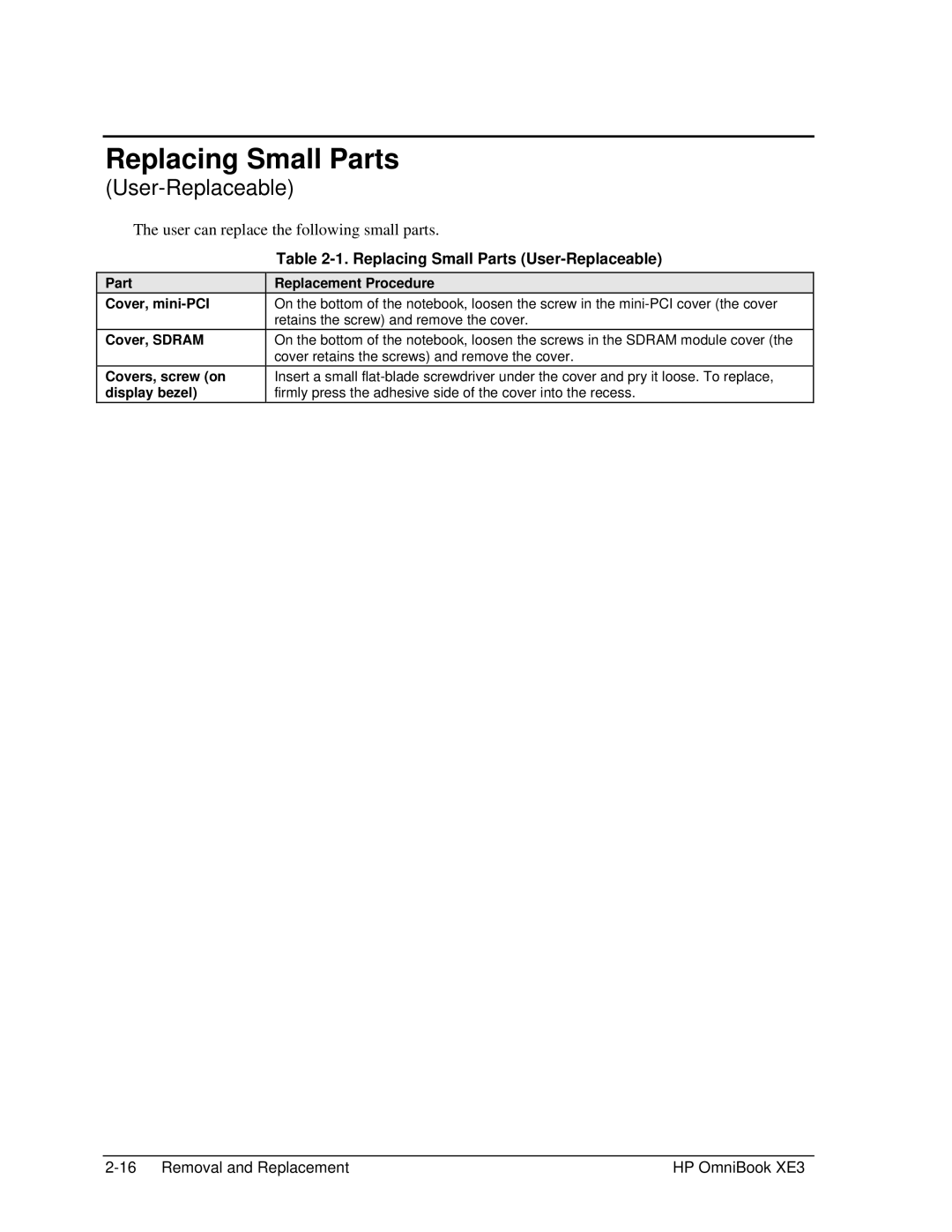 HP BOOK XE3 manual Replacing Small Parts User-Replaceable, Replacement Procedure 