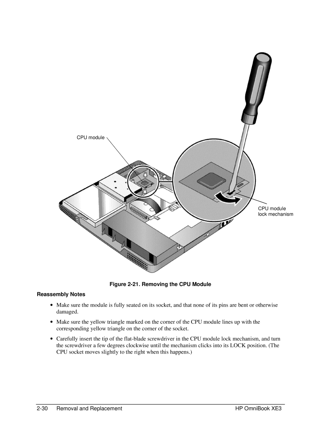 HP BOOK XE3 manual Removing the CPU Module Reassembly Notes 