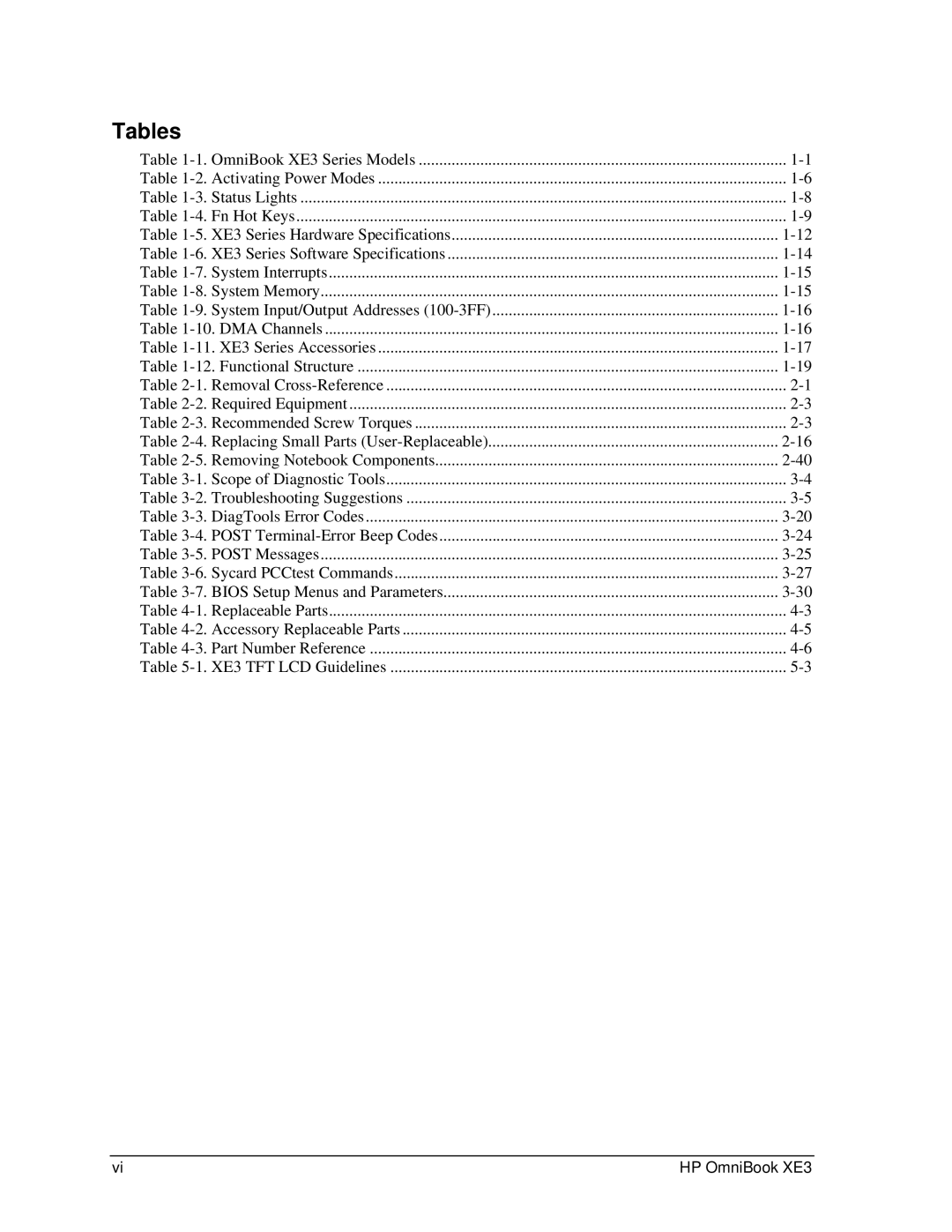 HP BOOK XE3 manual Tables 