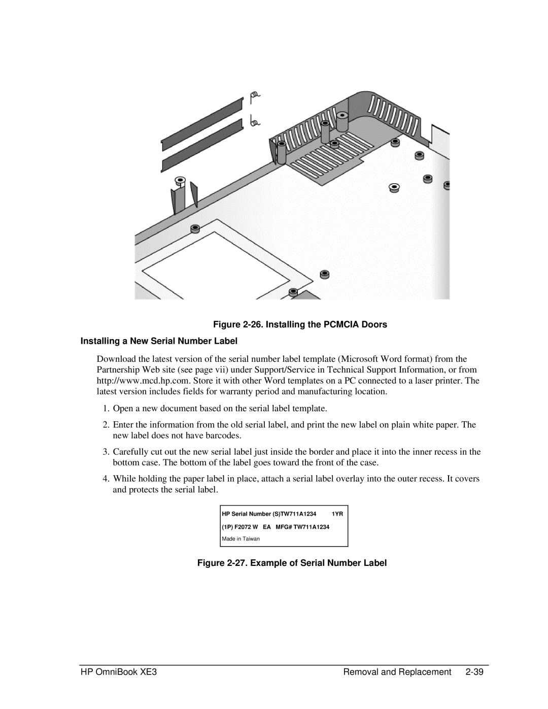 HP BOOK XE3 manual Example of Serial Number Label 