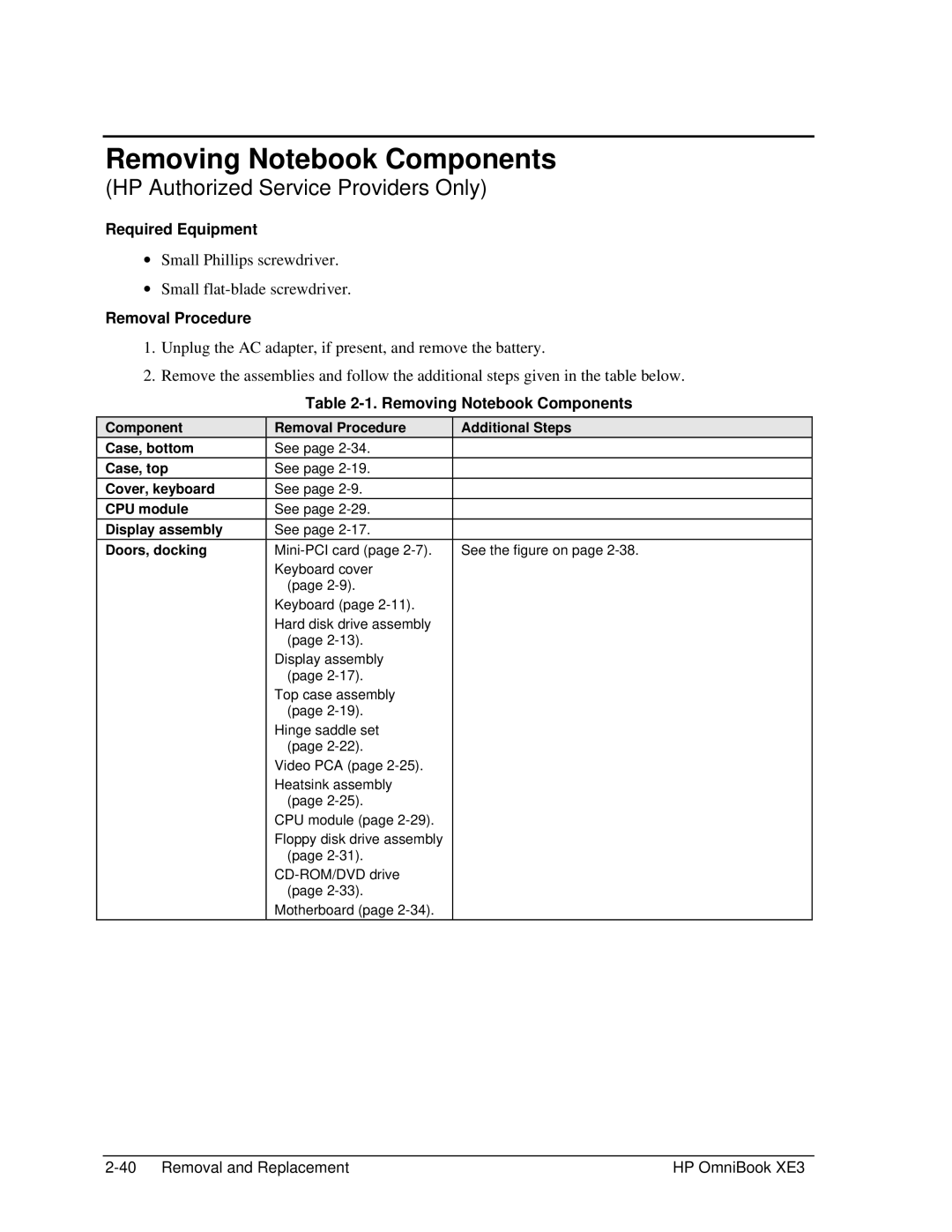 HP BOOK XE3 manual Removing Notebook Components, Additional Steps 
