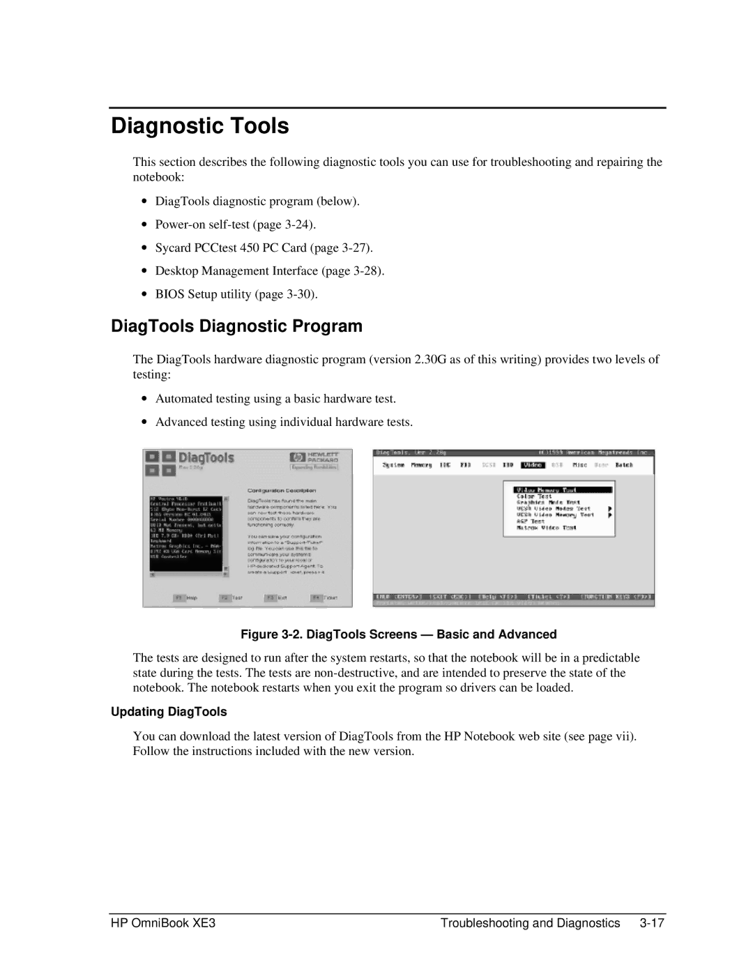 HP BOOK XE3 manual Diagnostic Tools, DiagTools Diagnostic Program, Updating DiagTools 