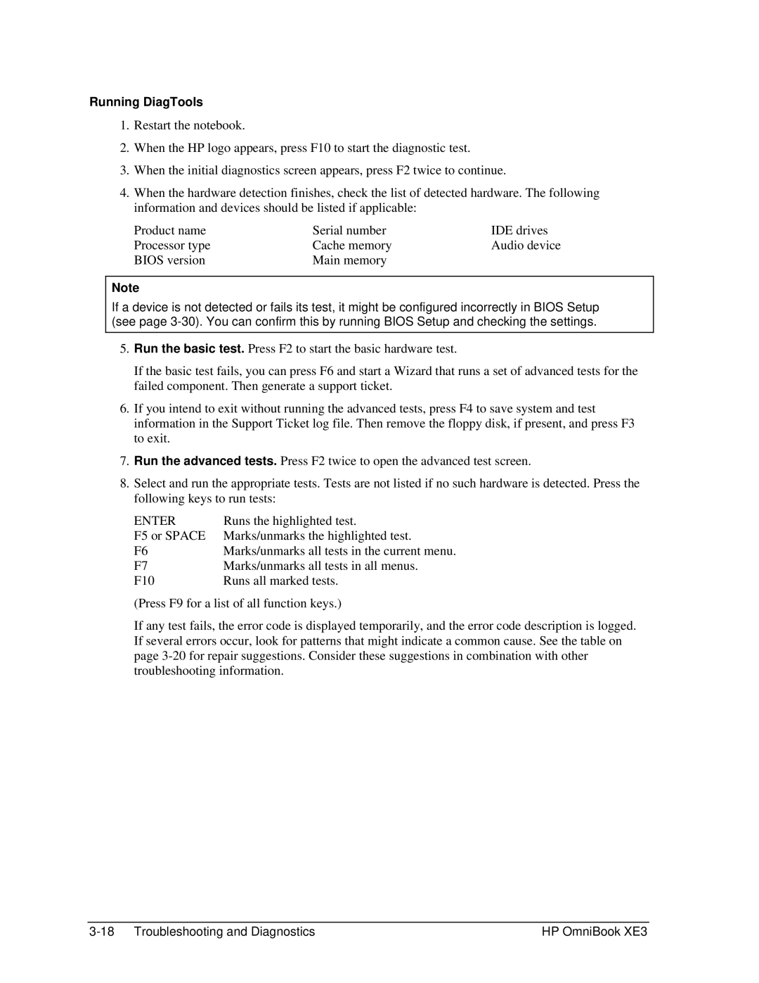 HP BOOK XE3 manual Enter, Running DiagTools 