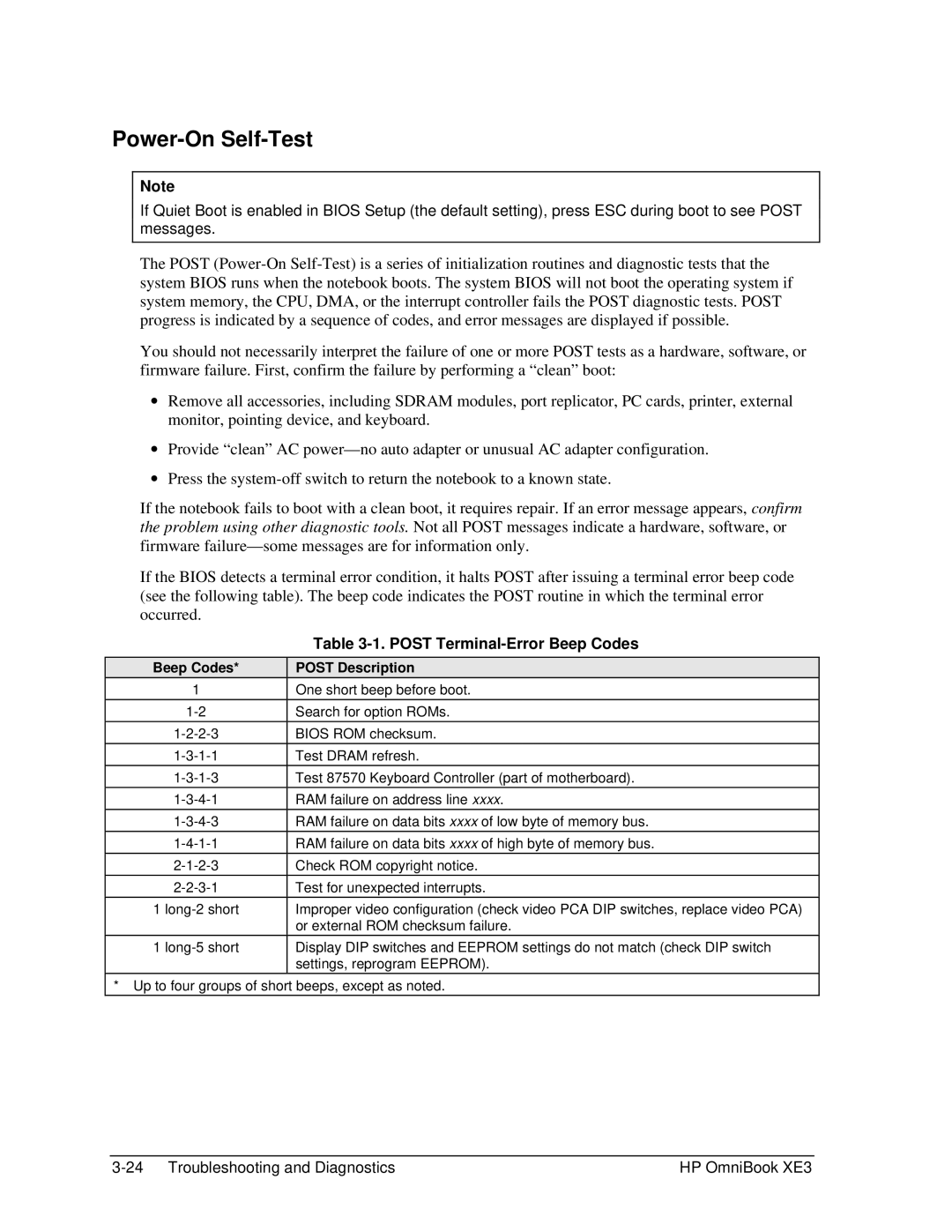 HP BOOK XE3 manual Power-On Self-Test, Post Terminal-Error Beep Codes, Beep Codes Post Description 