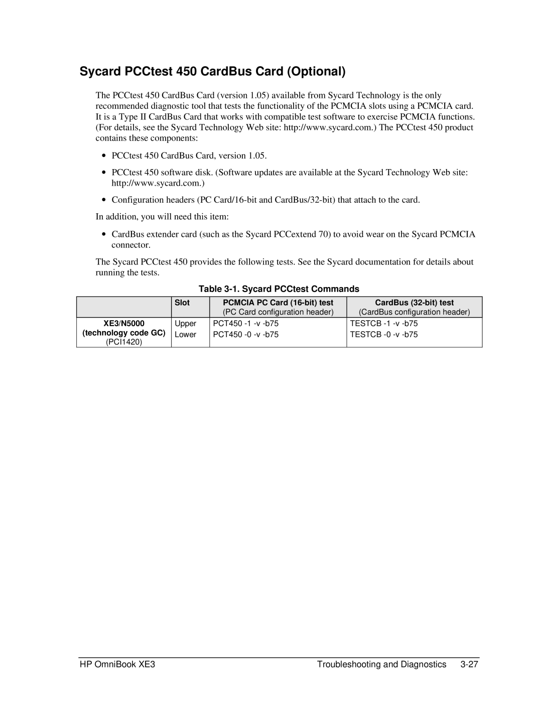 HP BOOK XE3 manual Sycard PCCtest 450 CardBus Card Optional, Sycard PCCtest Commands, XE3/N5000 Technology code GC, Slot 