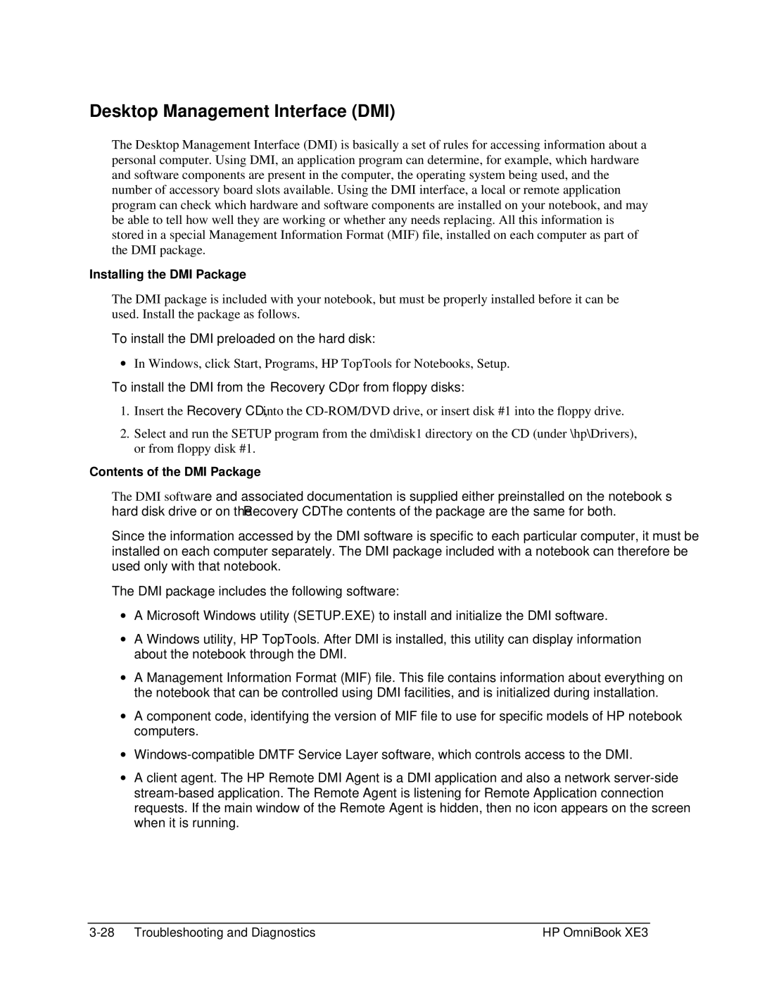 HP BOOK XE3 manual Desktop Management Interface DMI, Installing the DMI Package, Contents of the DMI Package 