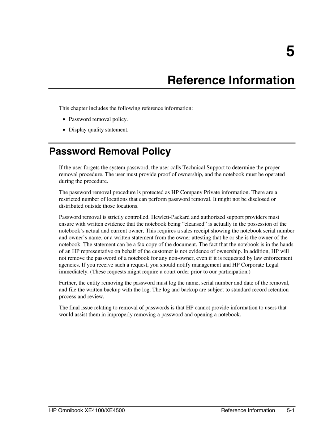 HP BOOK XE4500 manual Reference Information, Password Removal Policy 