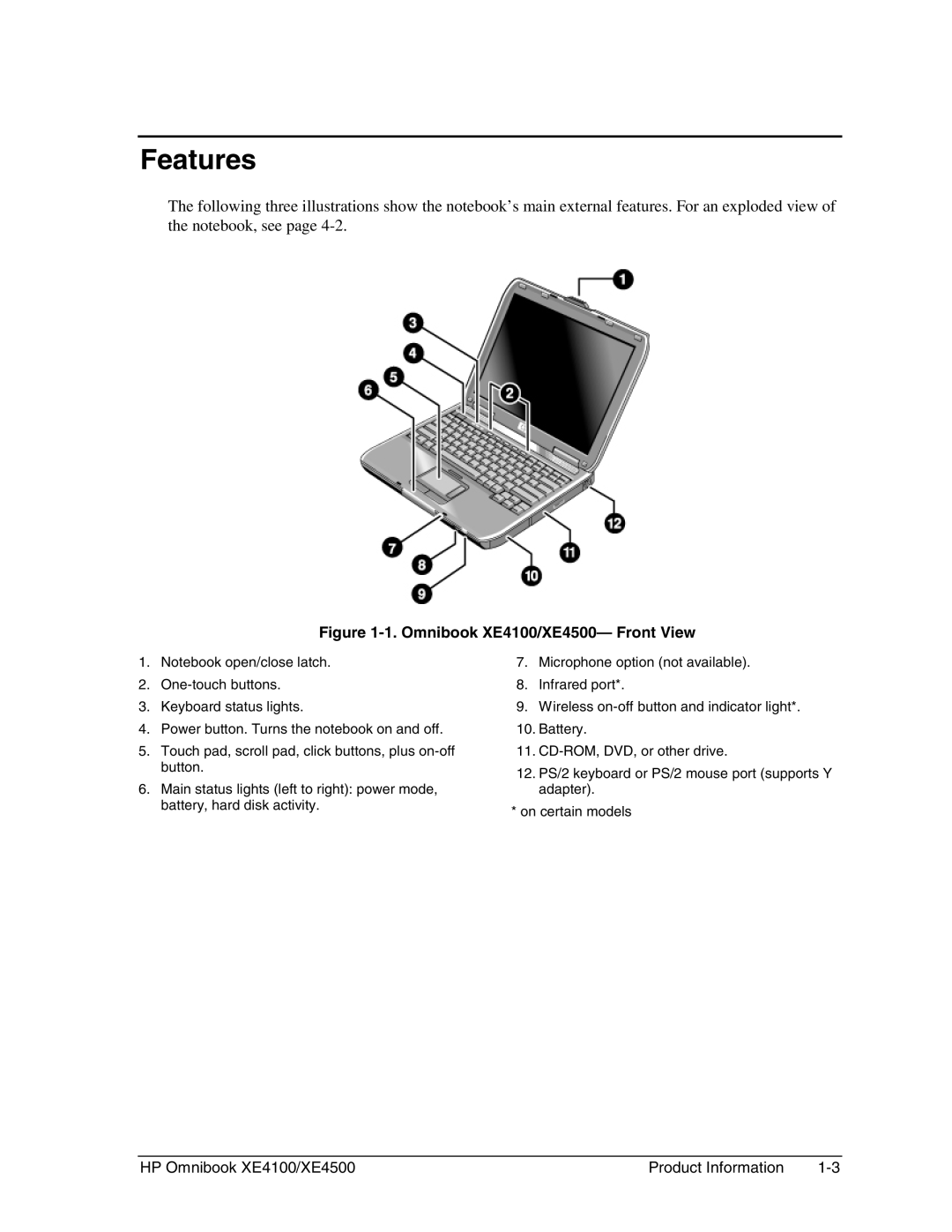 HP BOOK XE4500 manual Features, Omnibook XE4100/XE4500- Front View 