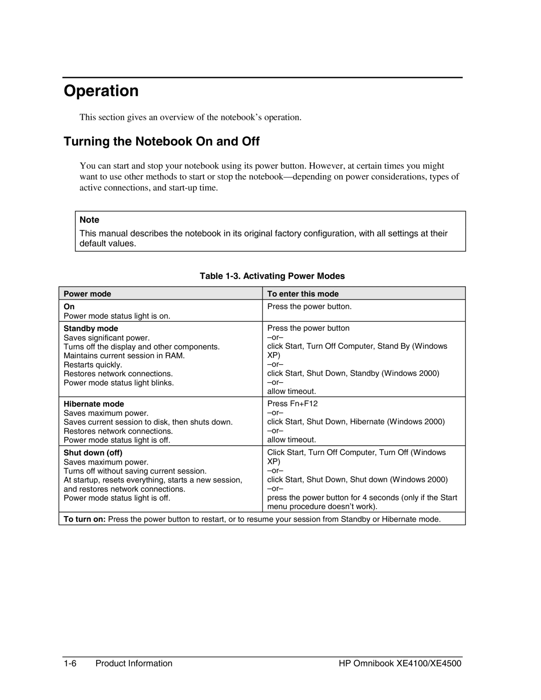 HP BOOK XE4500 manual Operation, Turning the Notebook On and Off, Activating Power Modes 