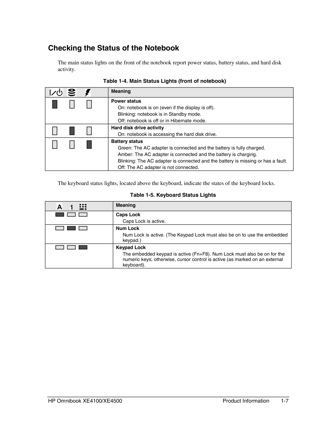 HP BOOK XE4500 manual Checking the Status of the Notebook, Main Status Lights front of notebook, Keyboard Status Lights 