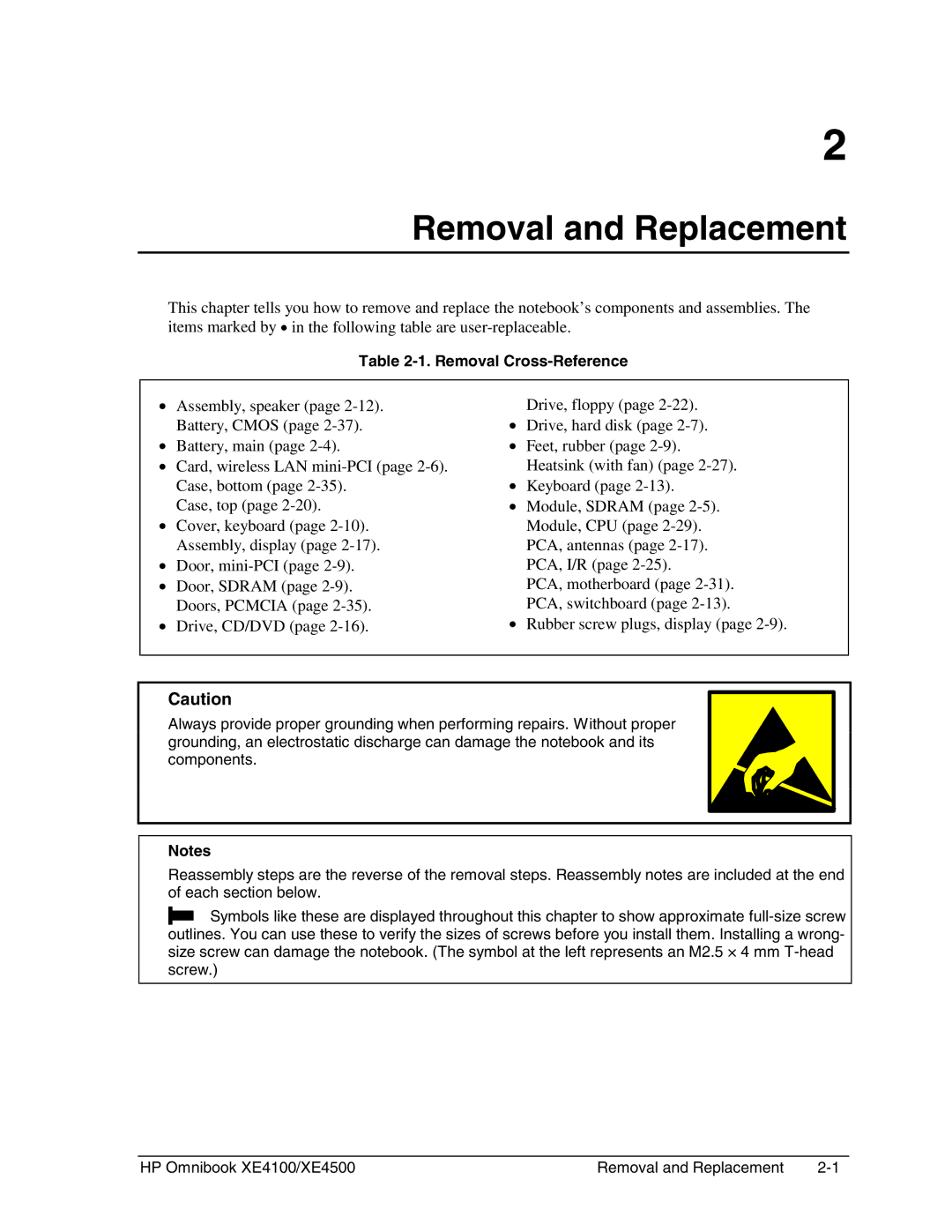 HP BOOK XE4500 manual Removal and Replacement, Removal Cross-Reference 