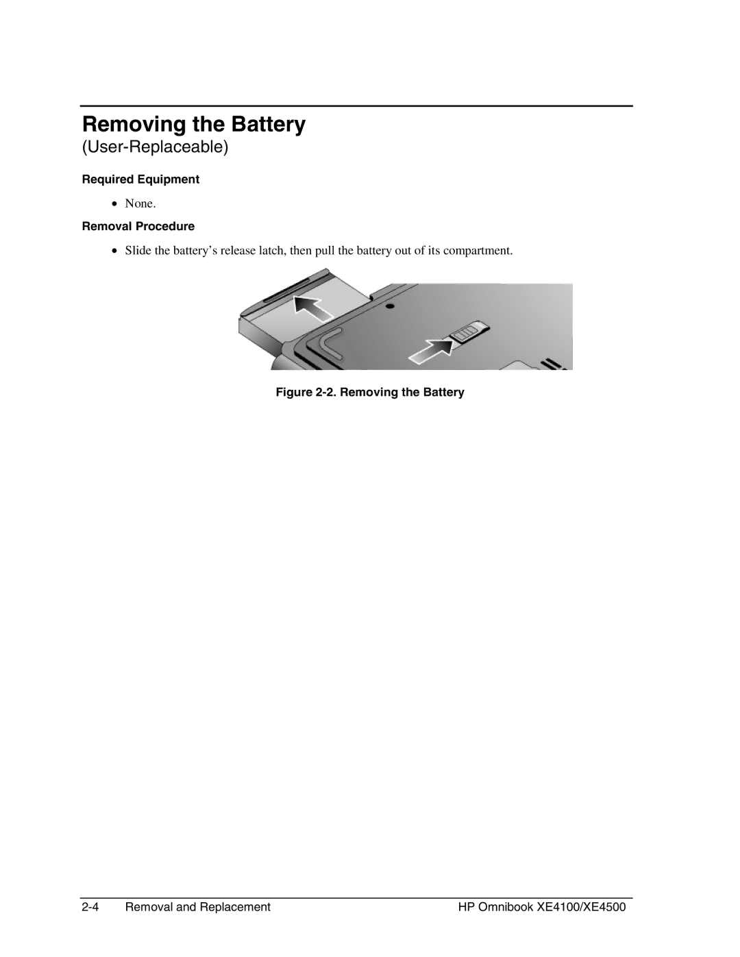 HP BOOK XE4500 manual Removing the Battery, Removal Procedure 