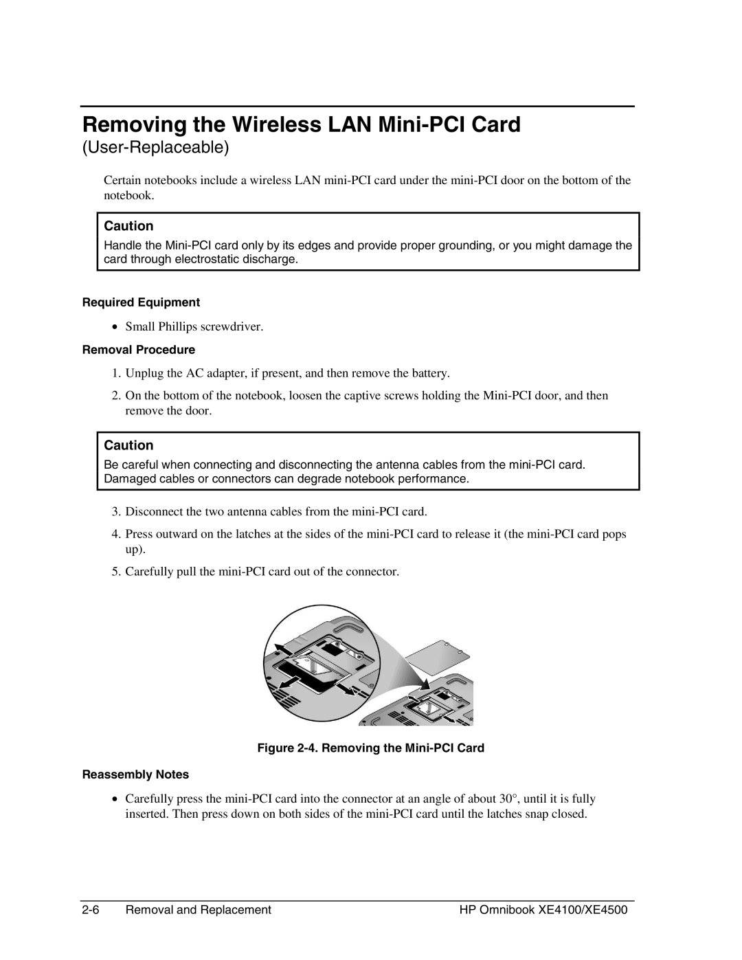 HP BOOK XE4500 manual Removing the Wireless LAN Mini-PCI Card, Removing the Mini-PCI Card Reassembly Notes 