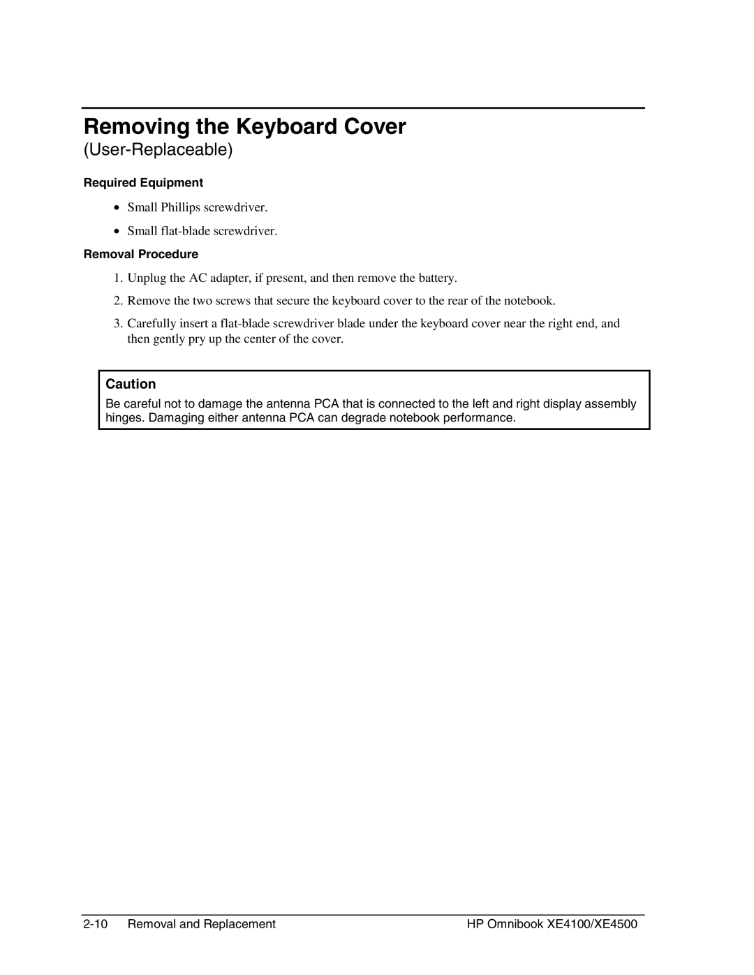 HP BOOK XE4500 manual Removing the Keyboard Cover, Required Equipment 