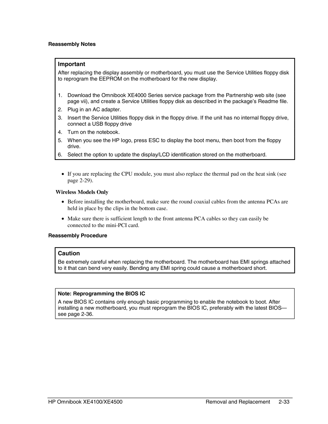 HP BOOK XE4500 manual Wireless Models Only, Reassembly Procedure 