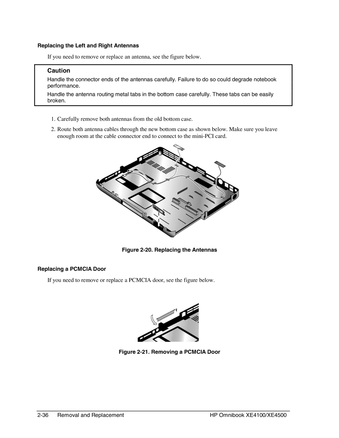 HP BOOK XE4500 manual Replacing the Antennas Replacing a Pcmcia Door, Removing a Pcmcia Door 