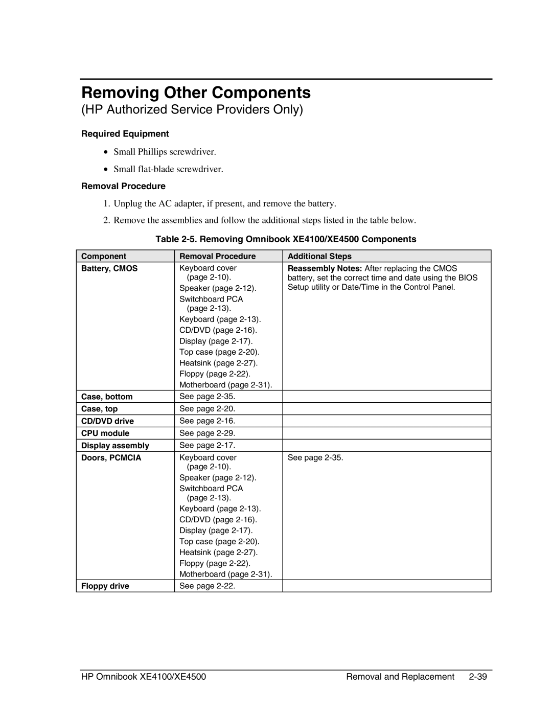 HP BOOK XE4500 manual Removing Other Components, Removing Omnibook XE4100/XE4500 Components 