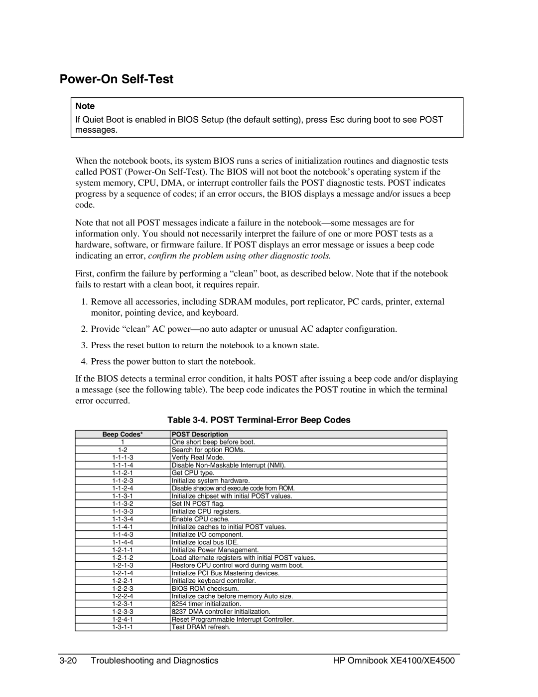 HP BOOK XE4500 manual Power-On Self-Test, Post Terminal-Error Beep Codes 