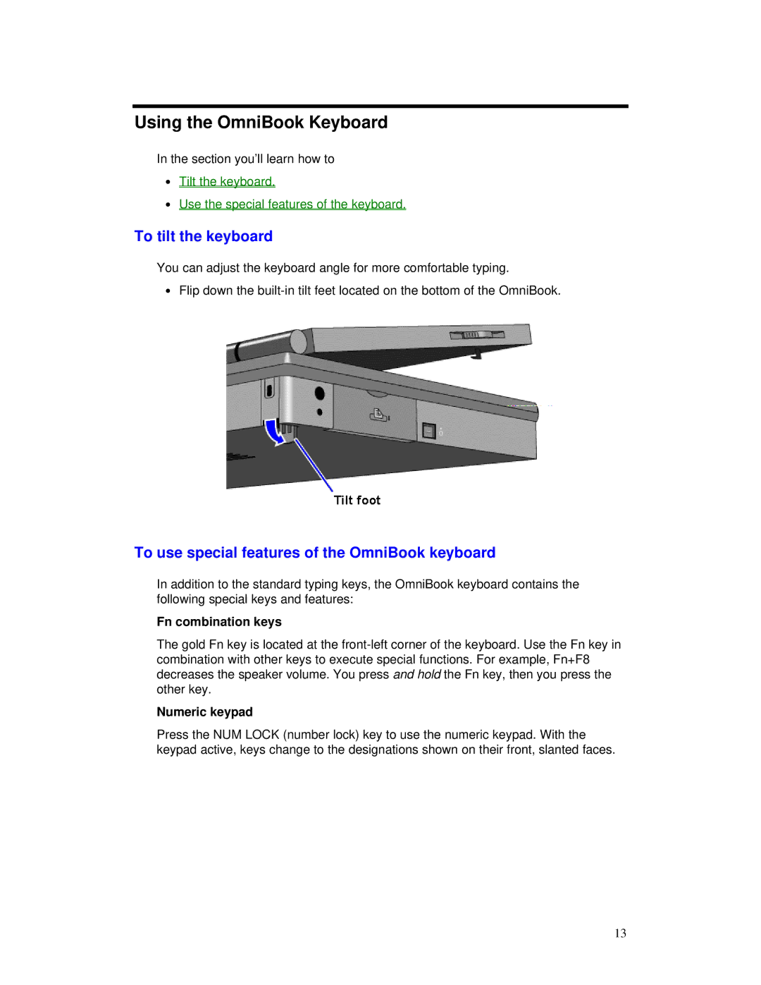 HP Using the OmniBook Keyboard, To tilt the keyboard, To use special features of the OmniBook keyboard, Numeric keypad 