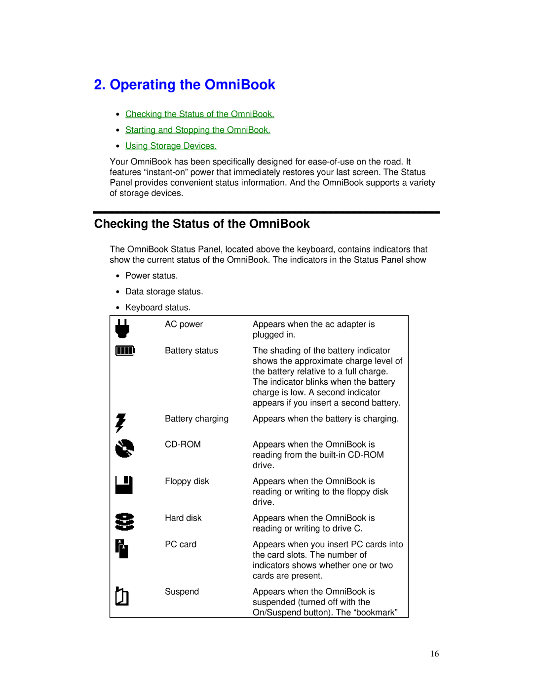 HP manual Operating the OmniBook, Checking the Status of the OmniBook 