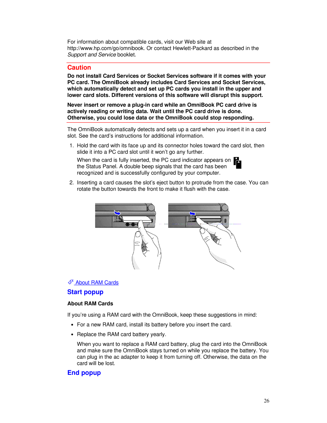 HP Book manual Start popup, End popup, About RAM Cards 