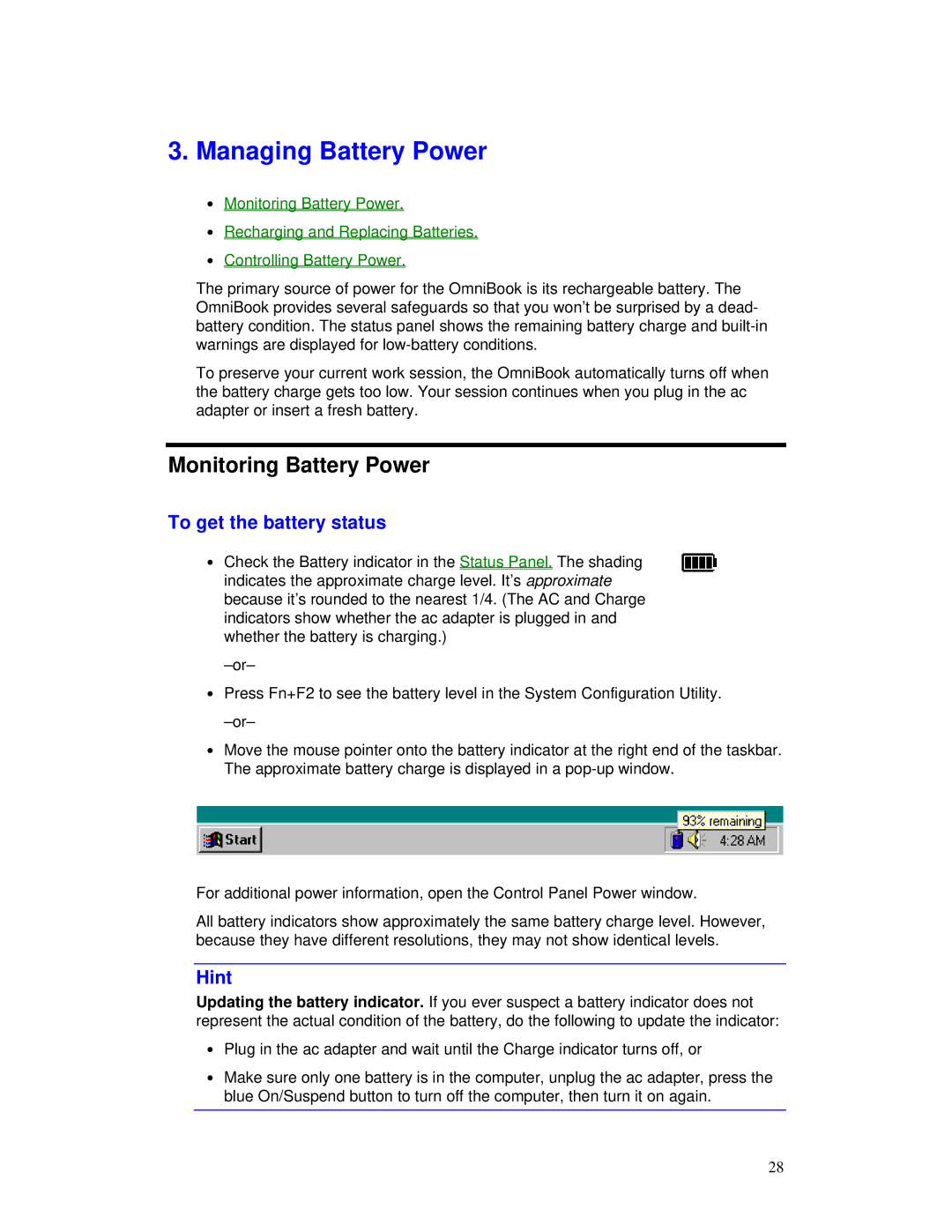 HP Book manual Managing Battery Power, Monitoring Battery Power, To get the battery status 