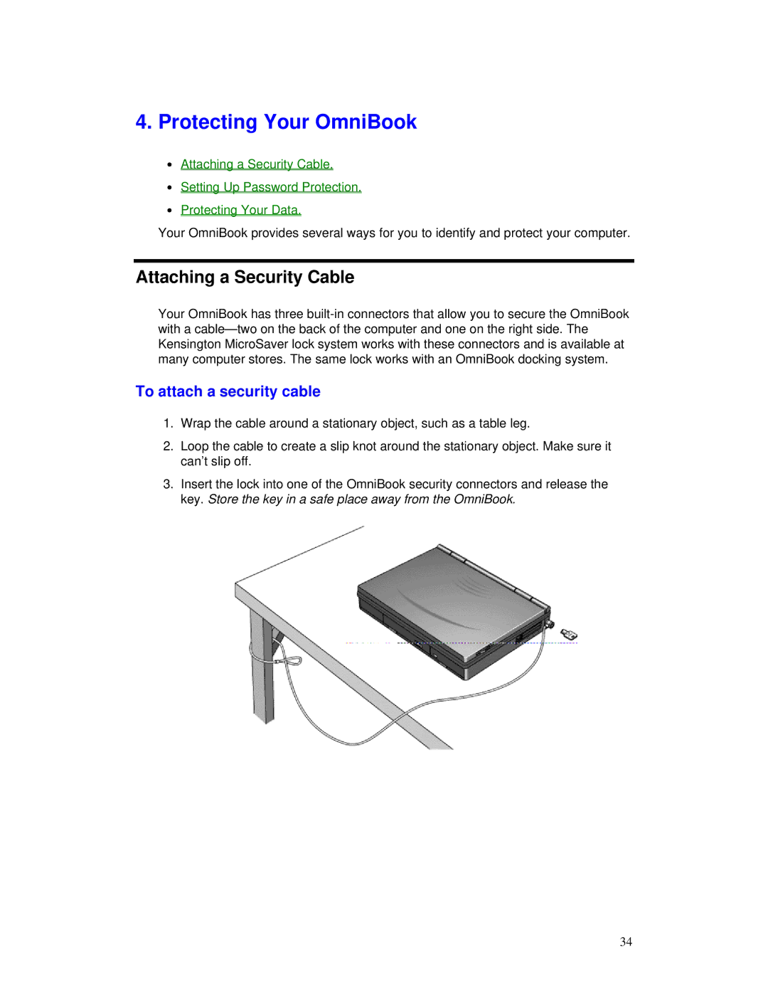 HP manual Protecting Your OmniBook, Attaching a Security Cable, To attach a security cable 