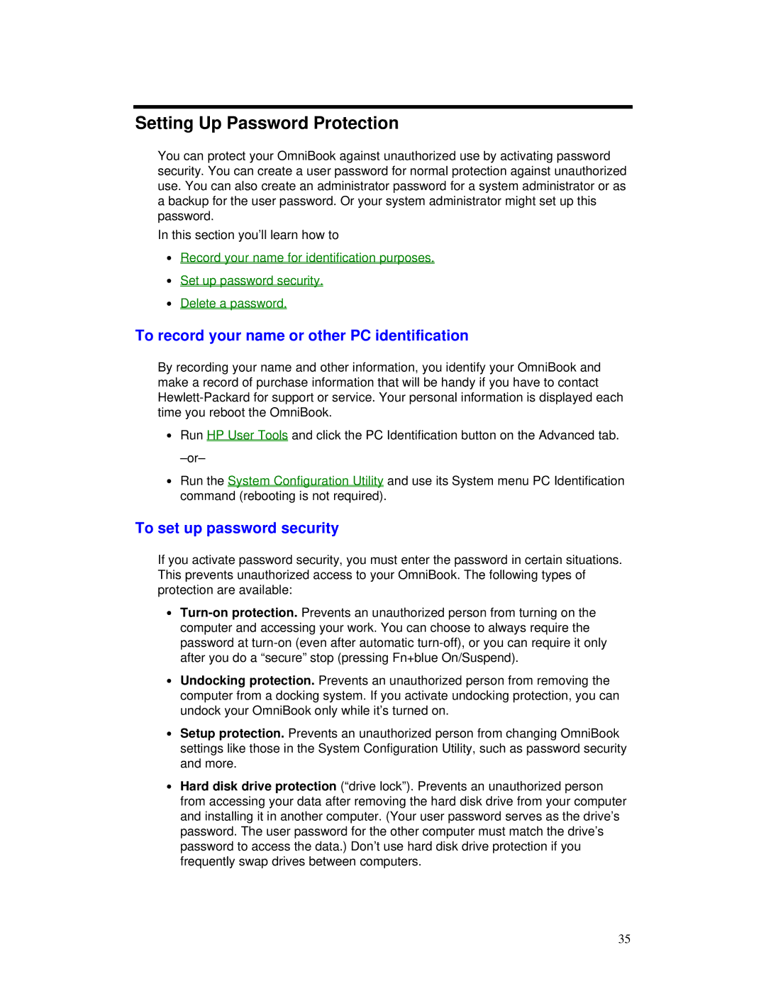 HP Book manual Setting Up Password Protection, To record your name or other PC identification, To set up password security 