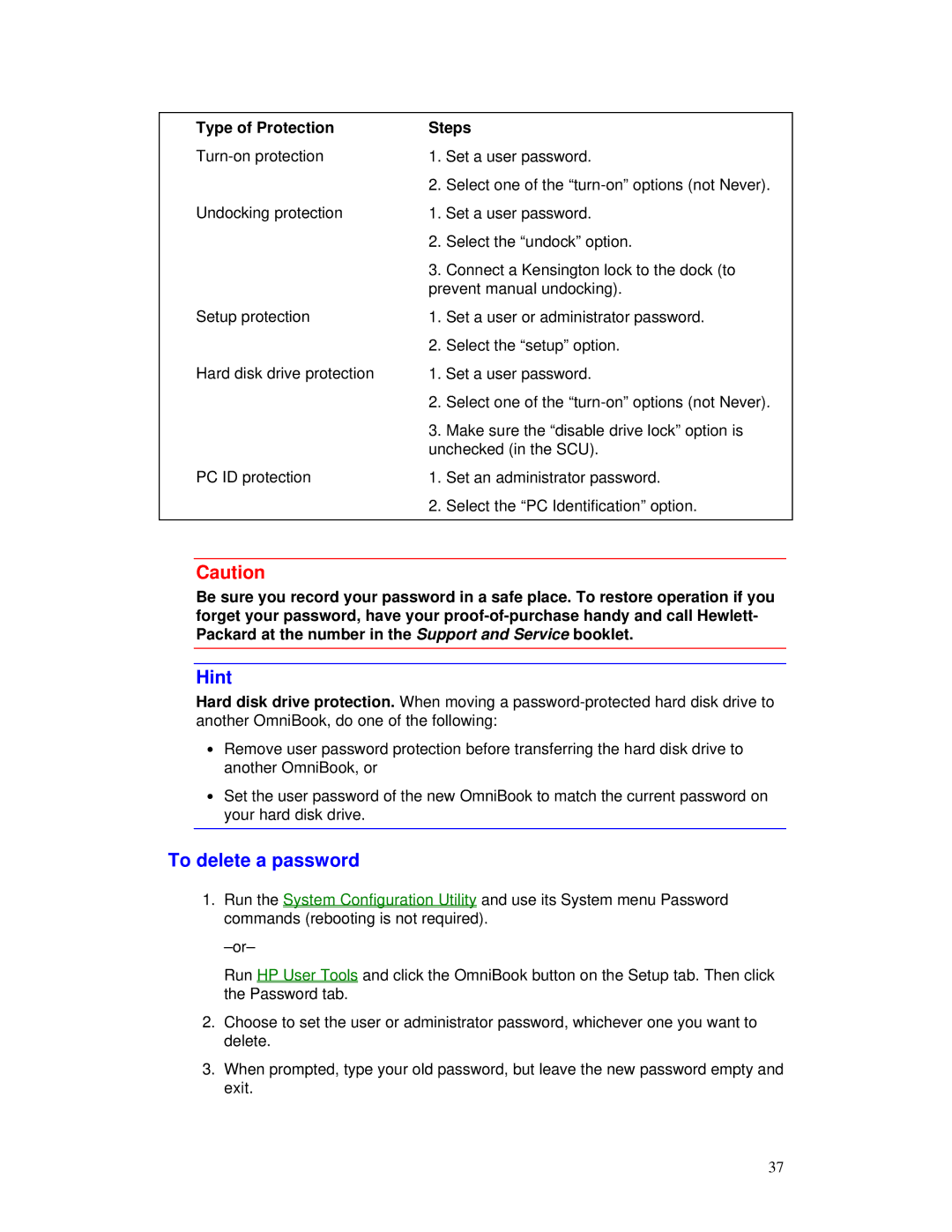 HP Book manual To delete a password, Type of Protection Steps 