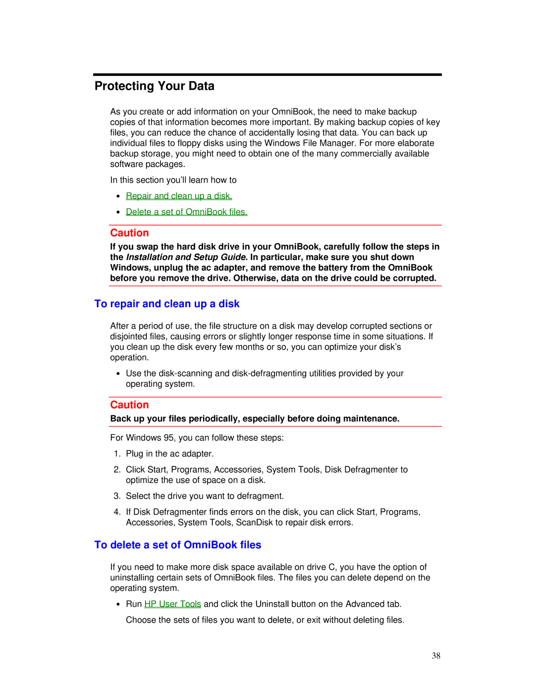 HP manual Protecting Your Data, To repair and clean up a disk, To delete a set of OmniBook files 