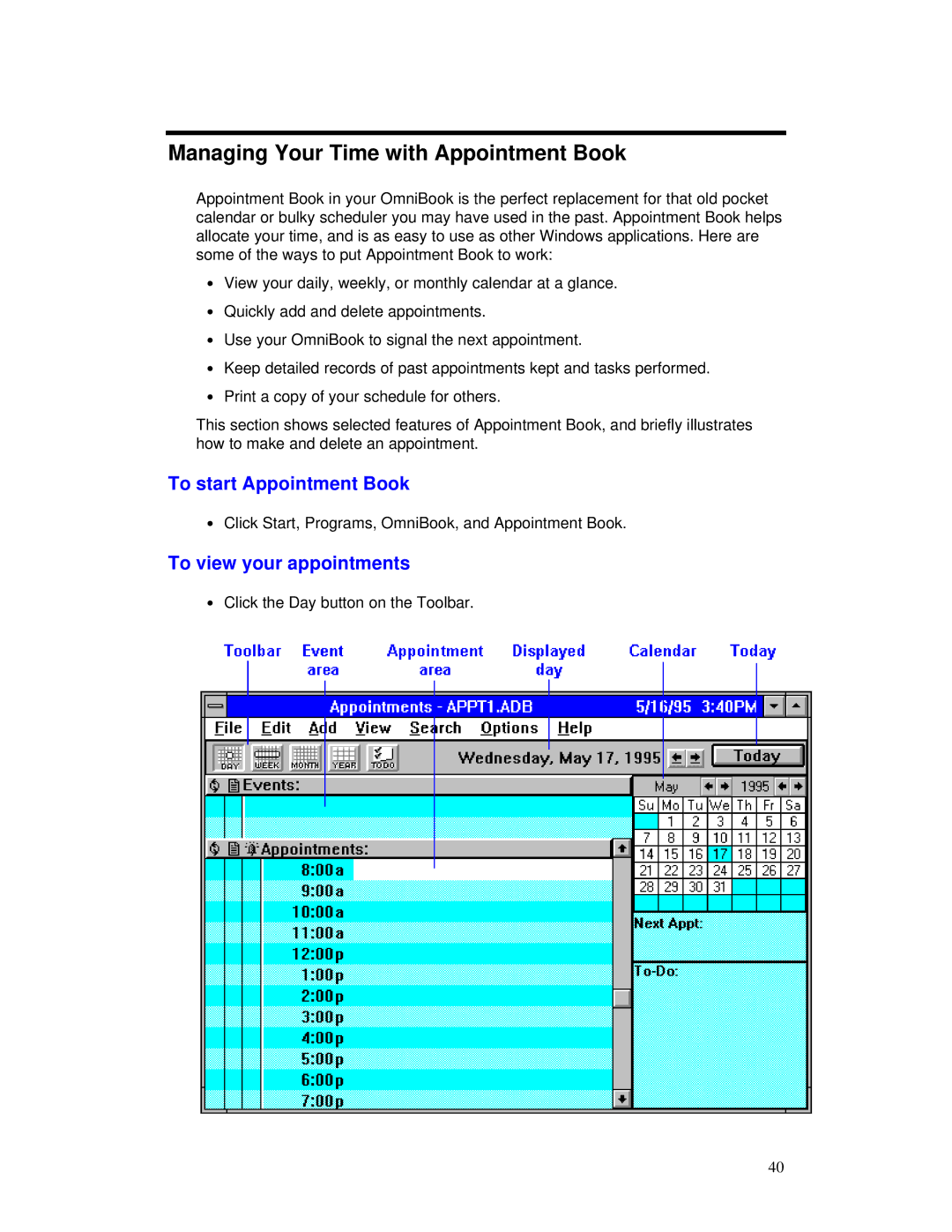 HP manual Managing Your Time with Appointment Book, To start Appointment Book, To view your appointments 