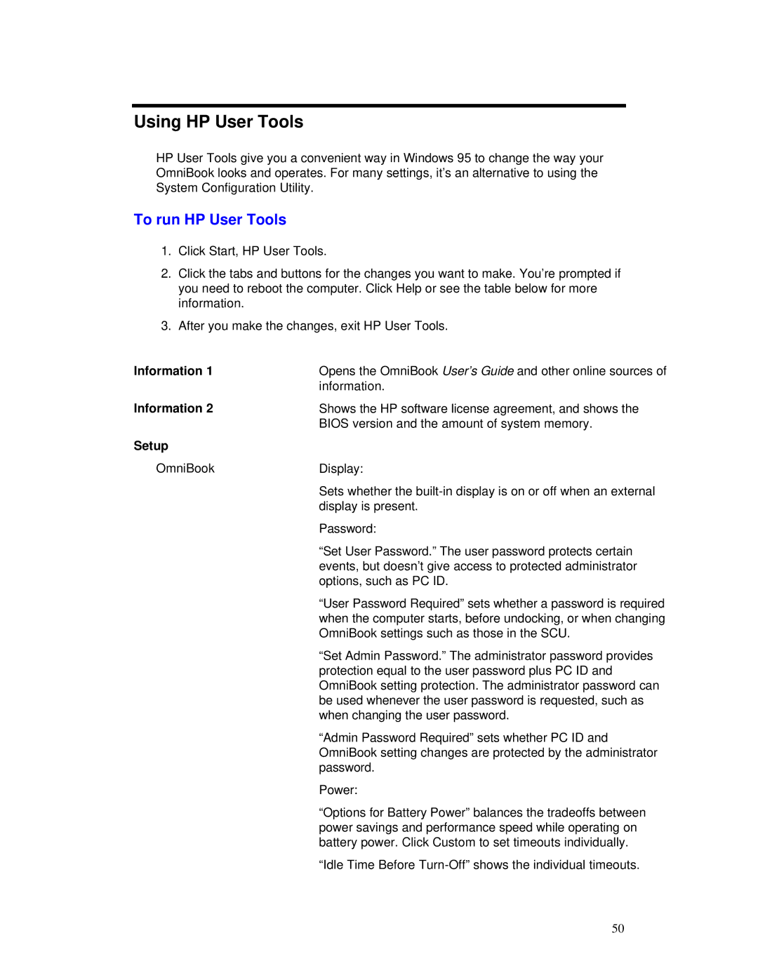 HP Book manual Using HP User Tools, To run HP User Tools, Information, Setup 