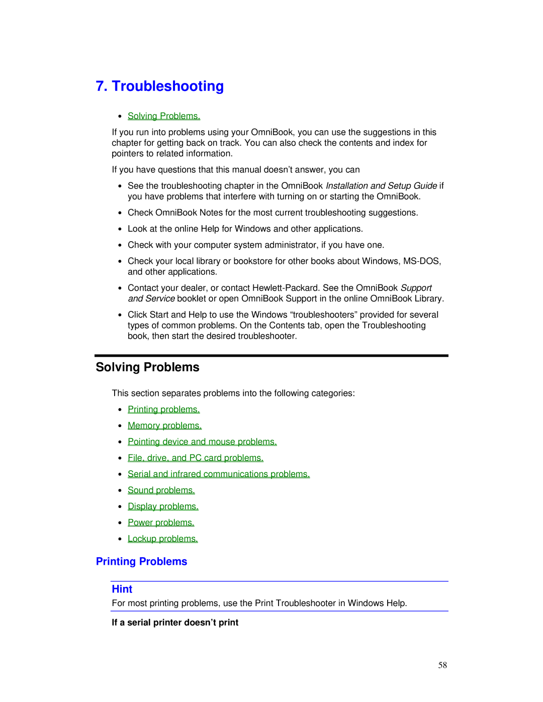 HP Book manual Troubleshooting, Solving Problems, Printing Problems Hint, If a serial printer doesn’t print 