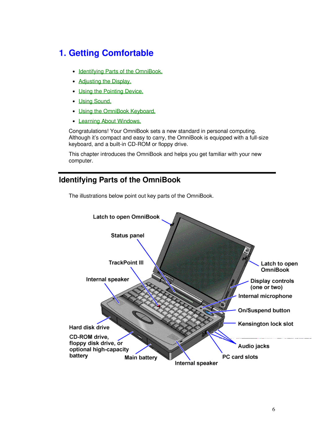 HP manual Getting Comfortable, Identifying Parts of the OmniBook 