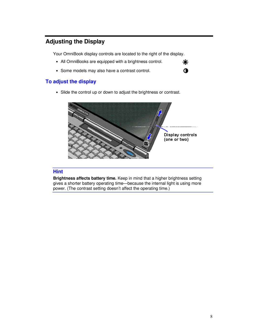 HP Book manual Adjusting the Display, To adjust the display, Hint 