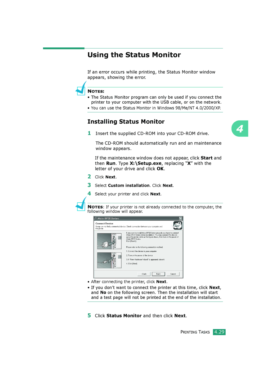 HP BP20N manual Using the Status Monitor, Installing Status Monitor, Insert the supplied CD-ROM into your CD-ROM drive 