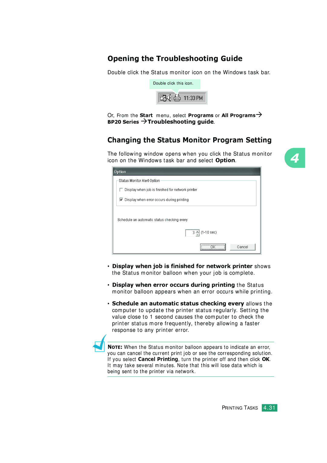 HP BP20N manual Opening the Troubleshooting Guide, Changing the Status Monitor Program Setting 