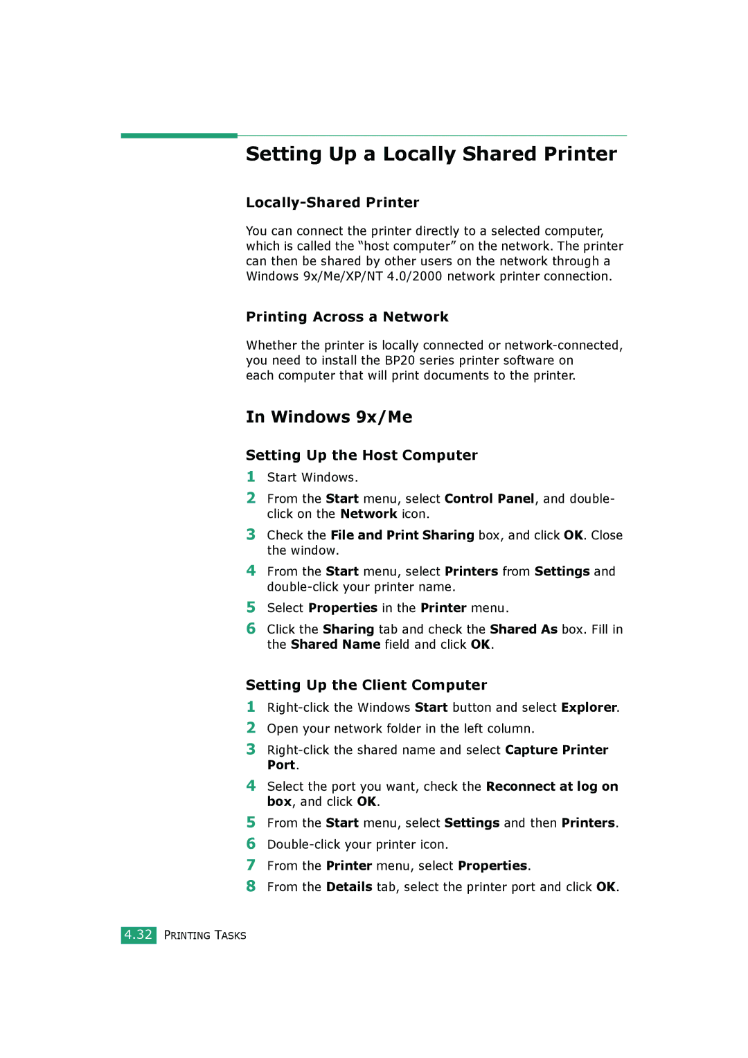 HP BP20N manual Setting Up a Locally Shared Printer, Windows 9x/Me 