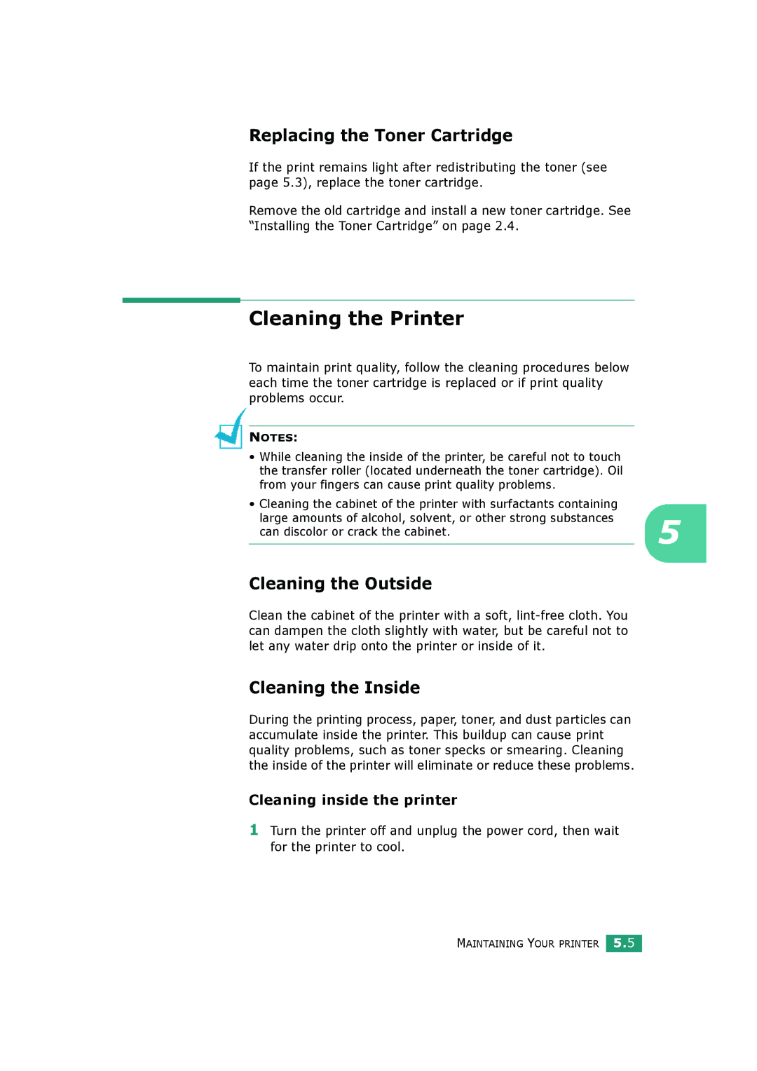 HP BP20N manual Cleaning the Printer, Replacing the Toner Cartridge, Cleaning the Outside, Cleaning the Inside 