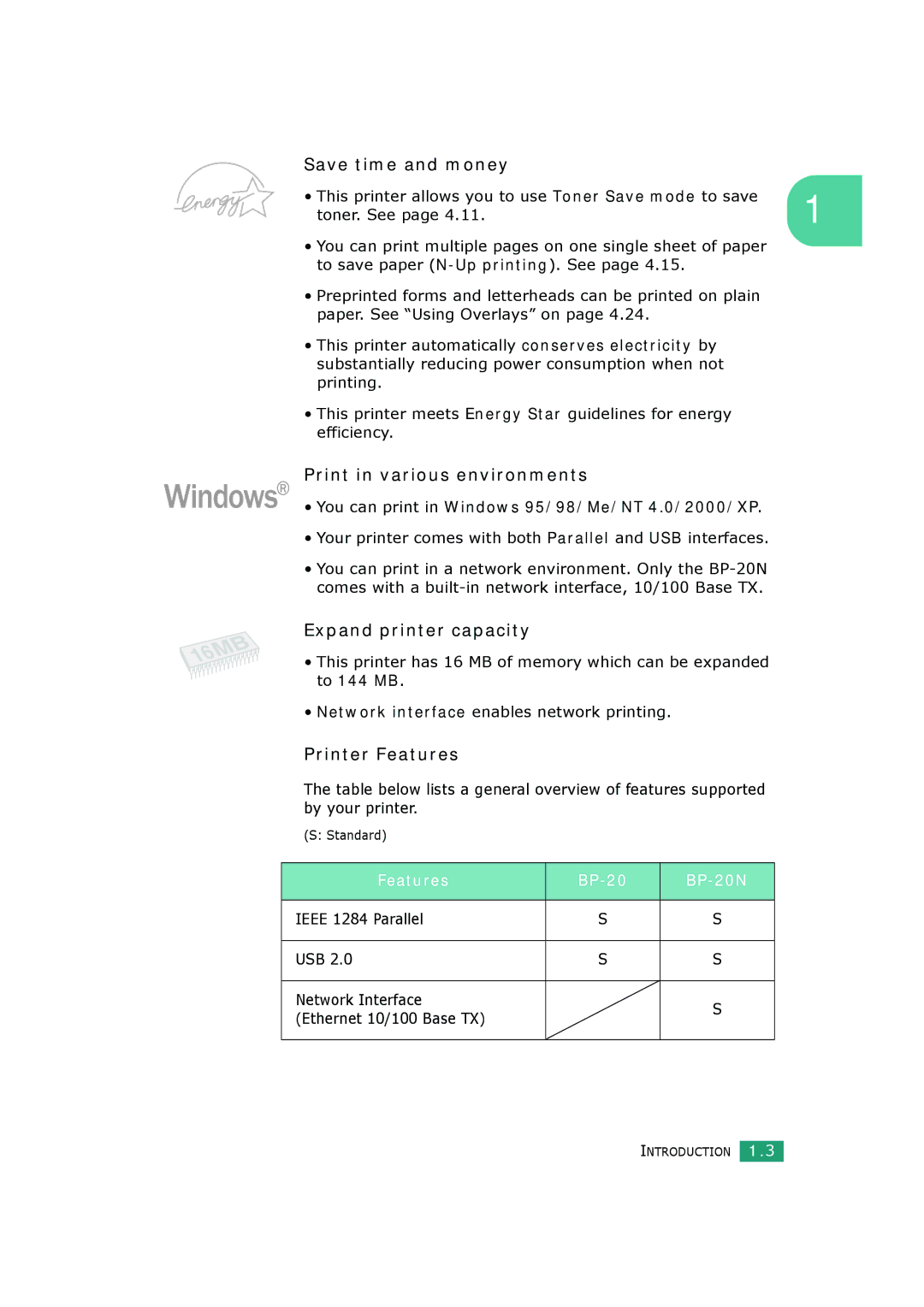 HP BP20N manual Save time and money, Print in various environments, Expand printer capacity, Printer Features 