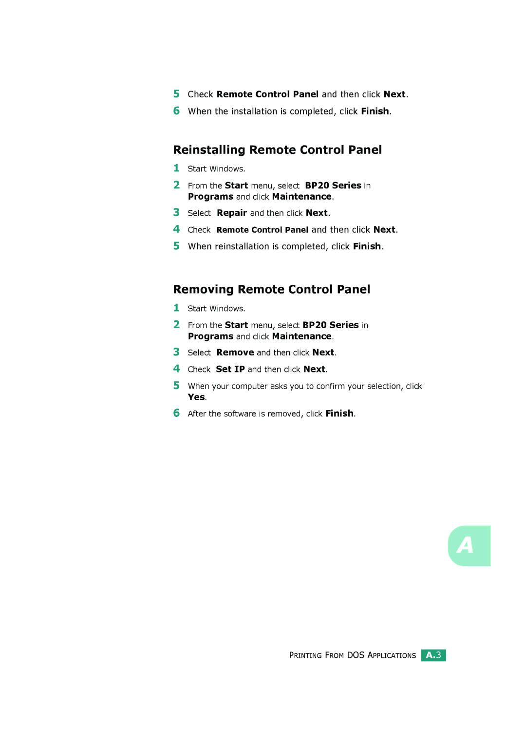 HP BP20 Reinstalling Remote Control Panel, Removing Remote Control Panel, Check Remote Control Panel and then click Next 