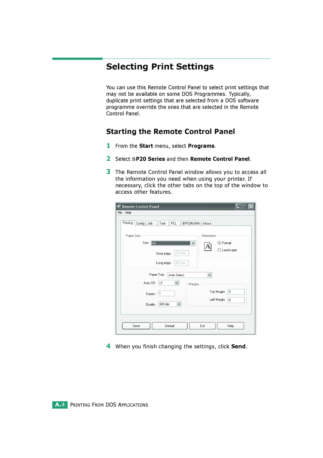 HP BP20N Selecting Print Settings, Starting the Remote Control Panel, Select BP20 Series and then Remote Control Panel 