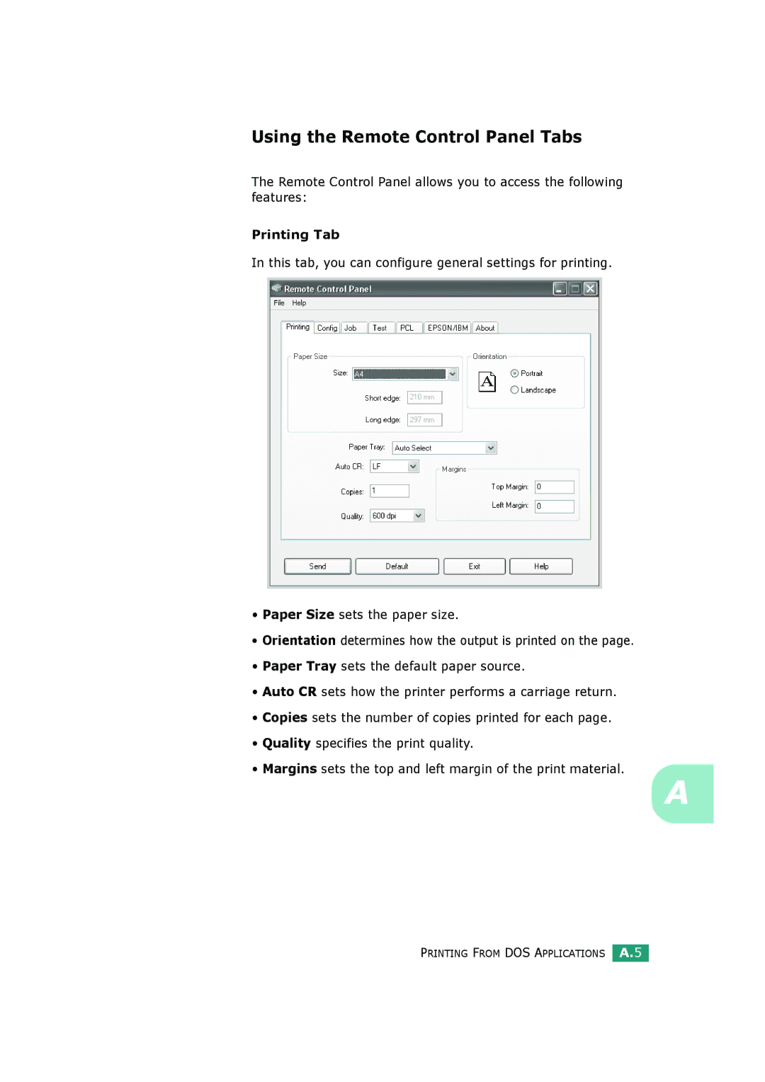 HP BP20N manual Using the Remote Control Panel Tabs, Printing Tab 